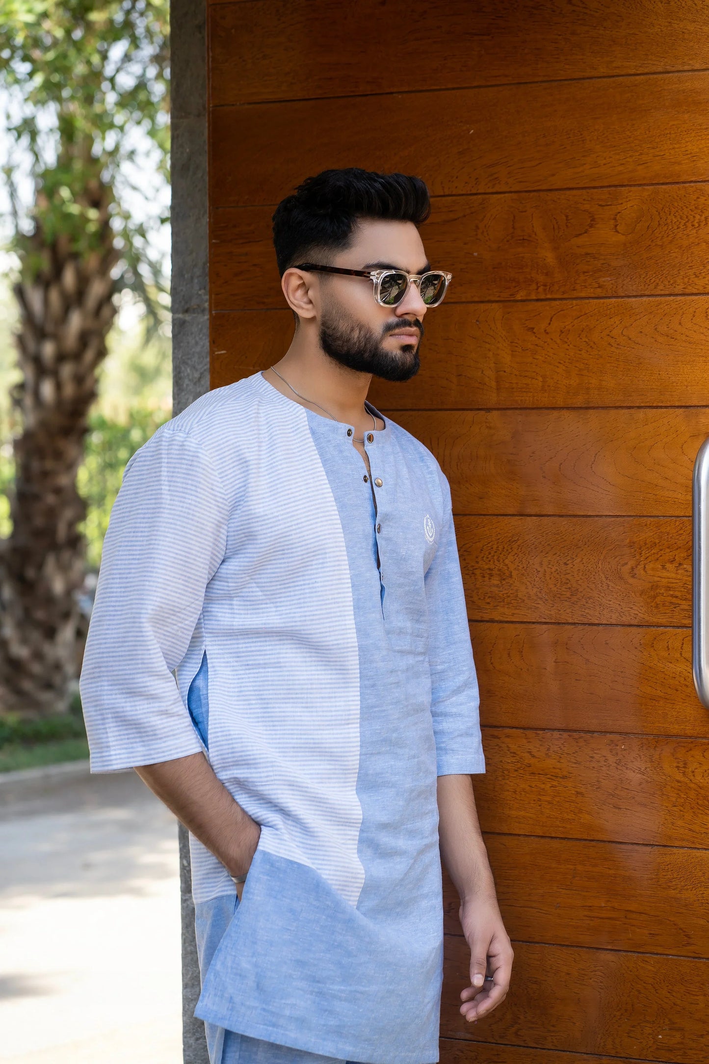 Breezy Sky Blue Linen Kurta Trouser Set by Snug - Snug