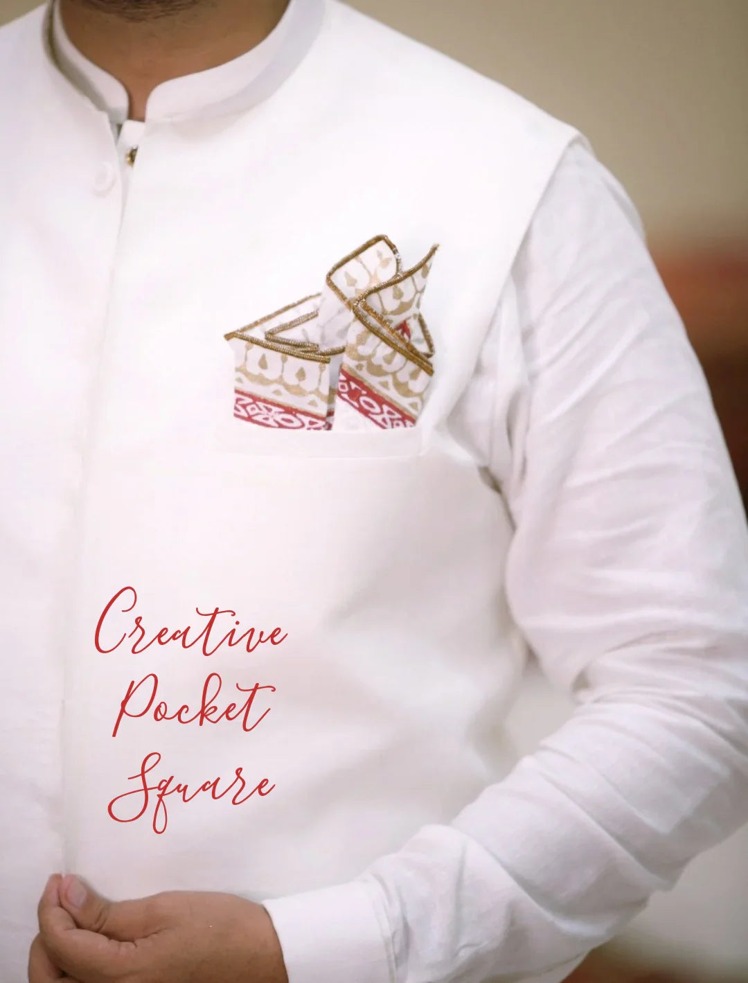 Multi Color Block Printed White Linen Pocket Square. - Snug