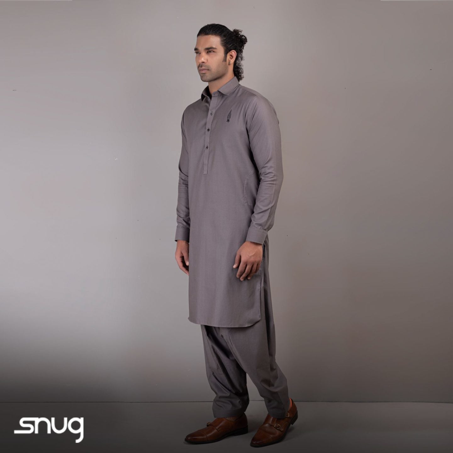 Grey Kurta Shalwar with Black Logo