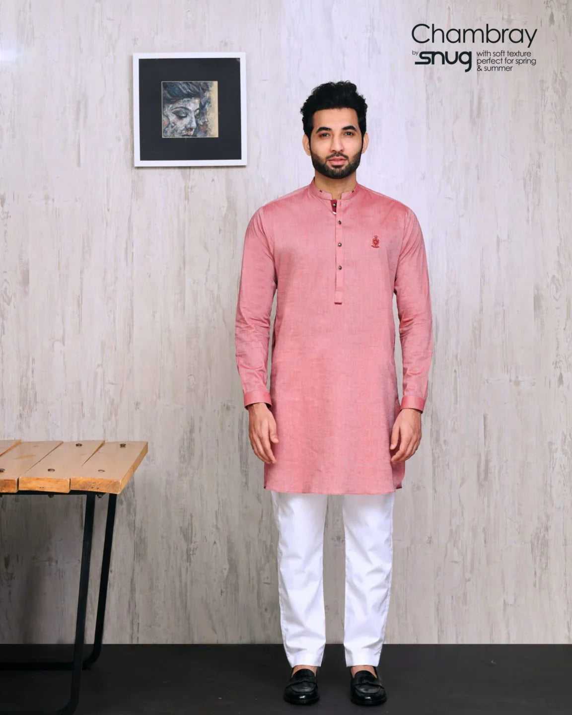 Beige Chambray Kurta with Pearl White Trouser - Snug