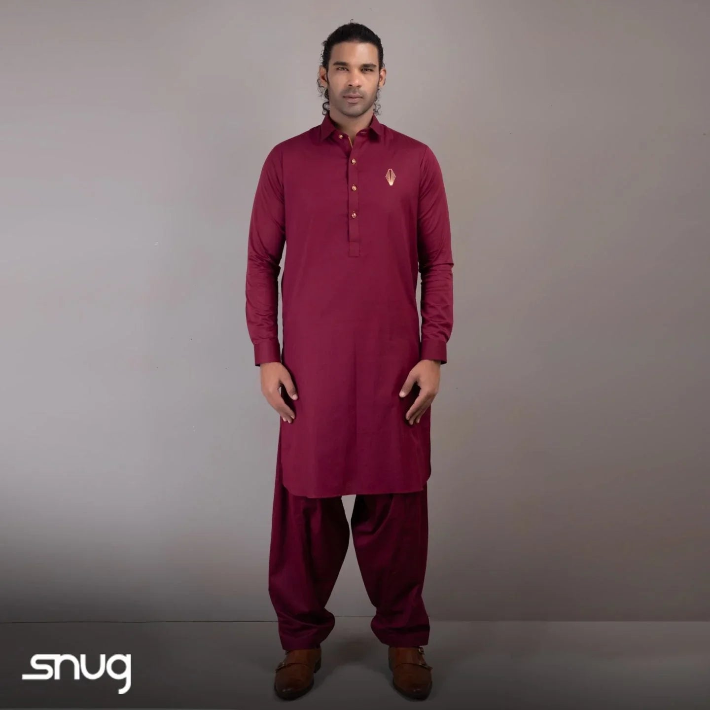 Maroon Kurta Shalwar with Gold Logo - Snug