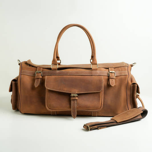 Leather duffel bag.