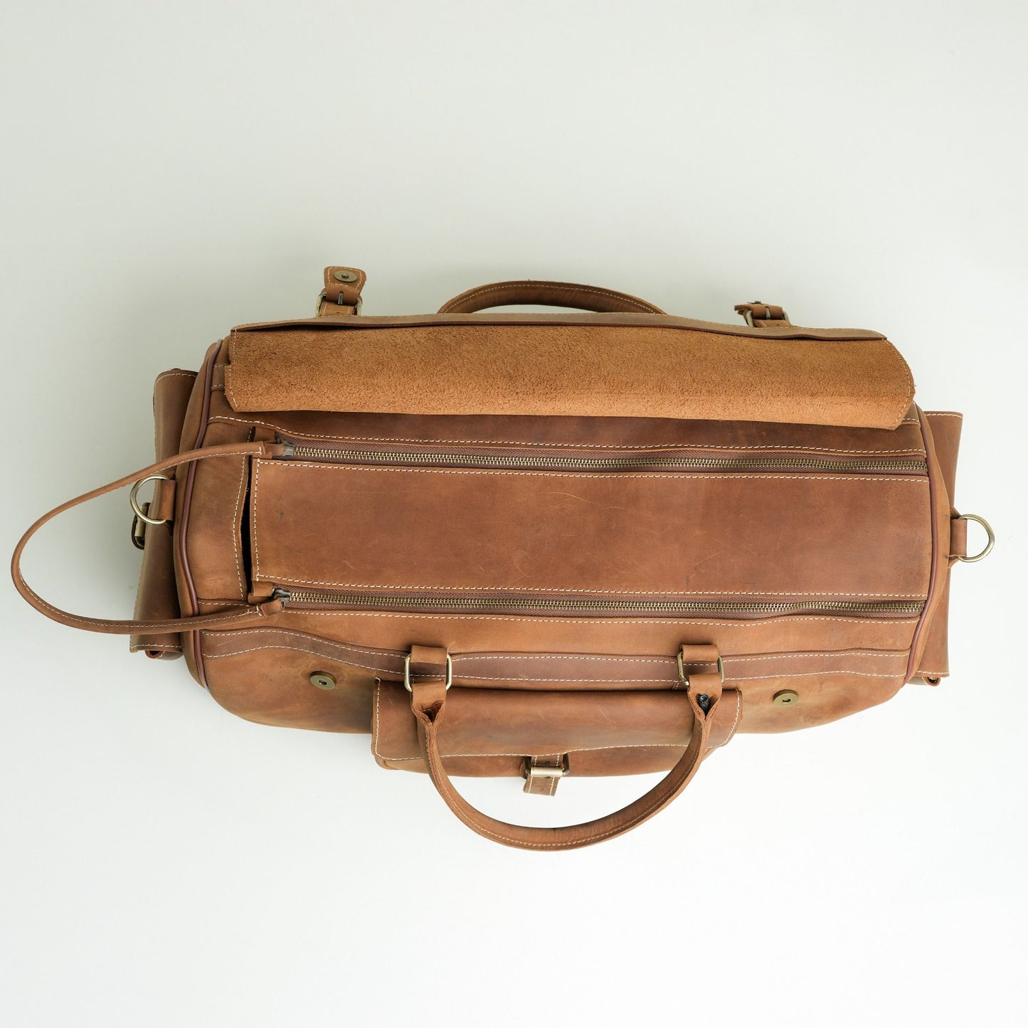 Leather duffel bag.