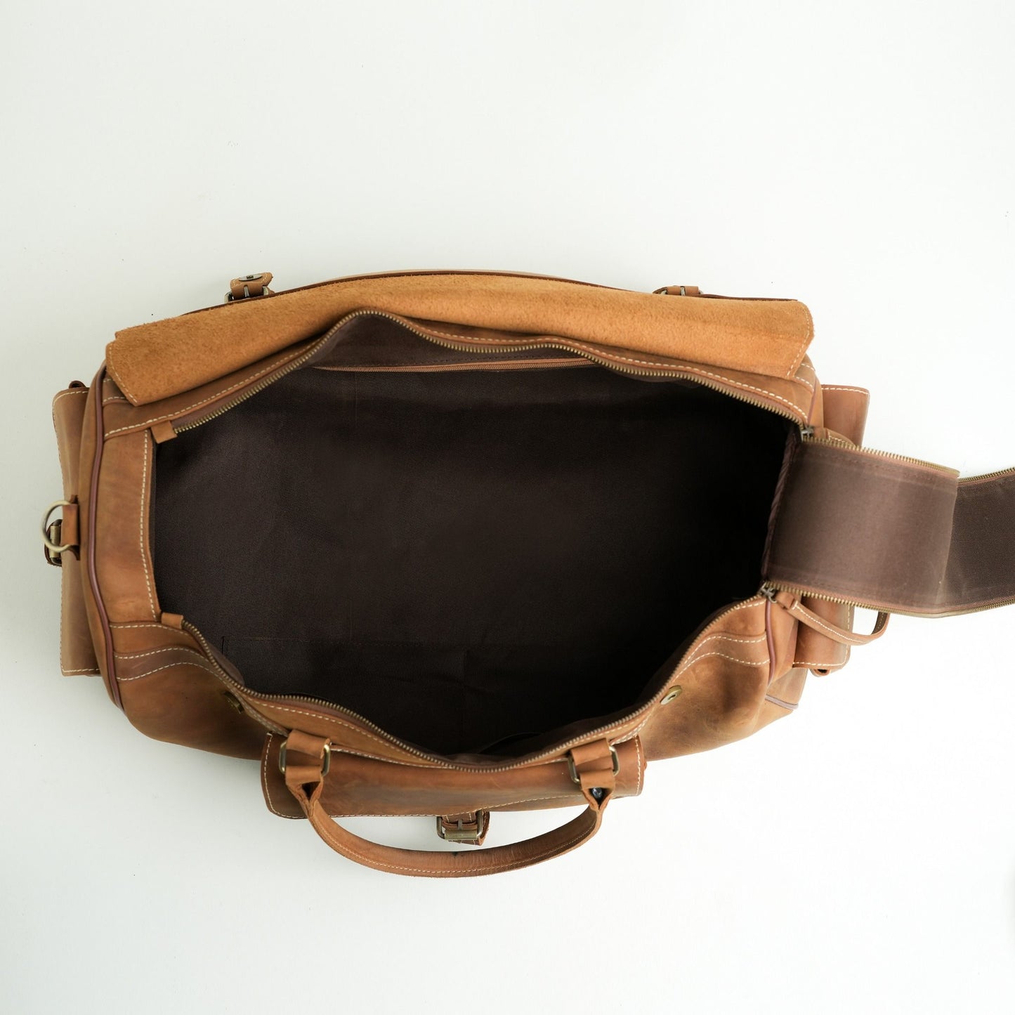 Leather duffel bag.