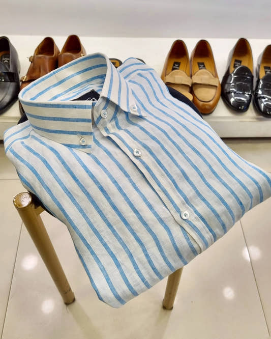 Vivid Sky Blue Linen Striped Shirt. - Snug