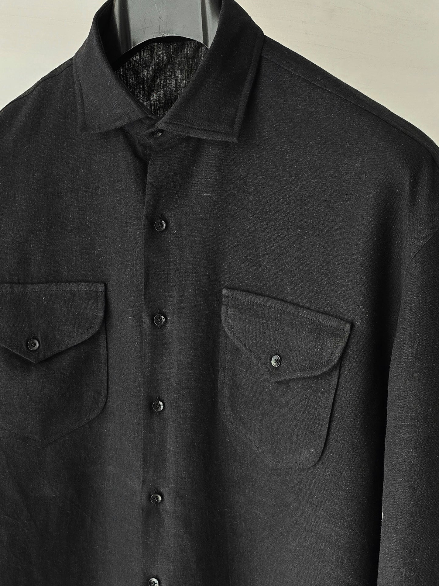 Black Drop Shoulder Linen Shirt.