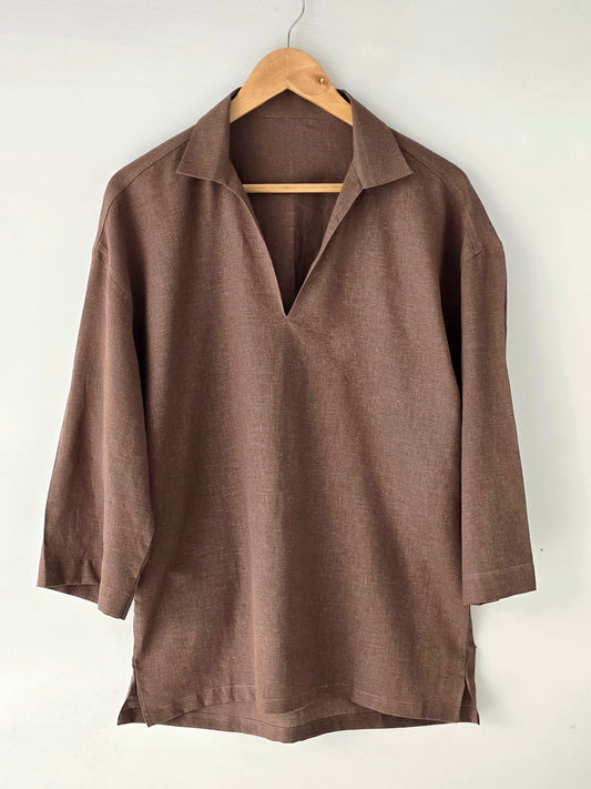 Coffee Linen 3 Quarter Shirt.