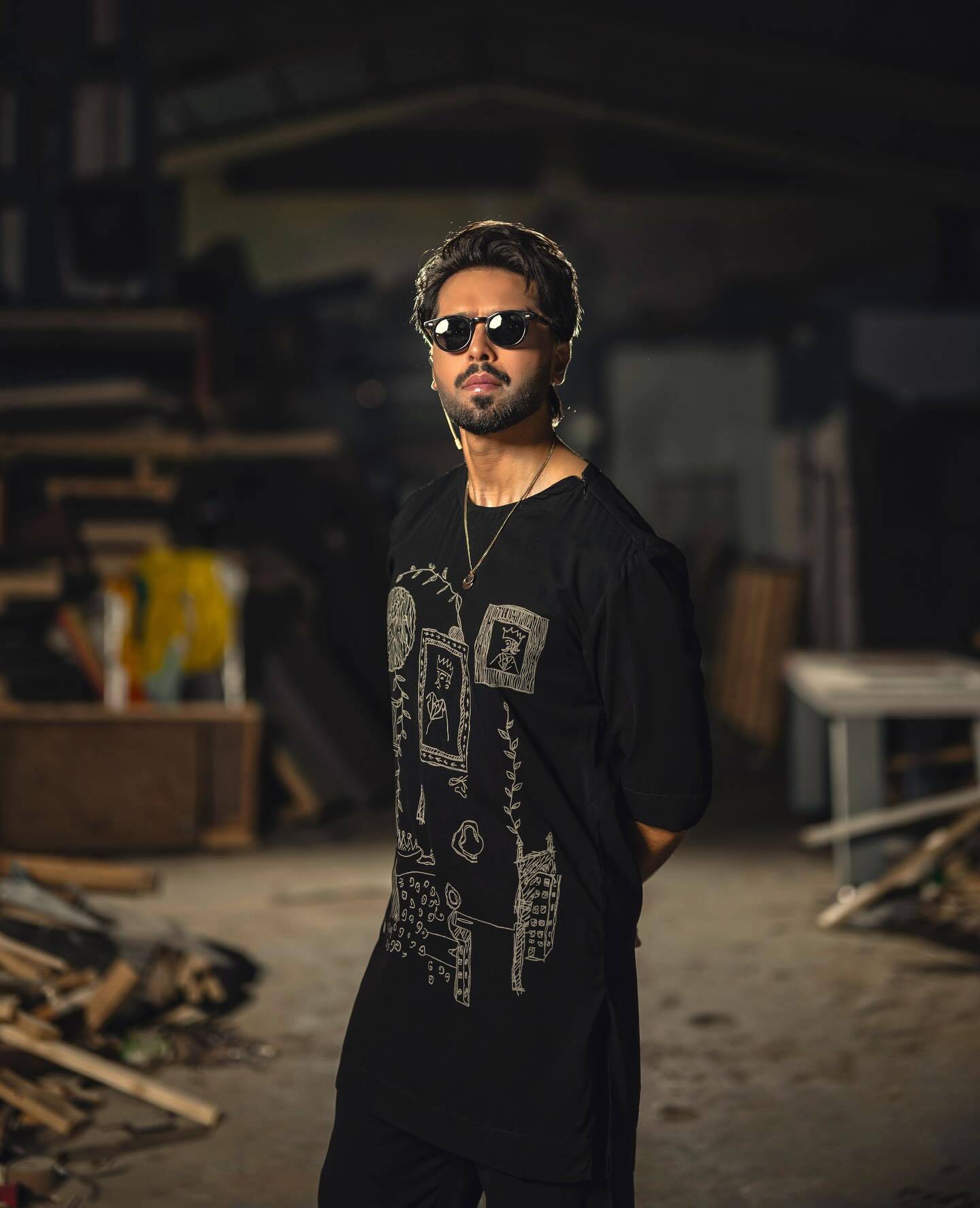 Fahad Mustafa wearing Snug luxe loose fit black kurta trouser for men premium Pakistani ethnic wear