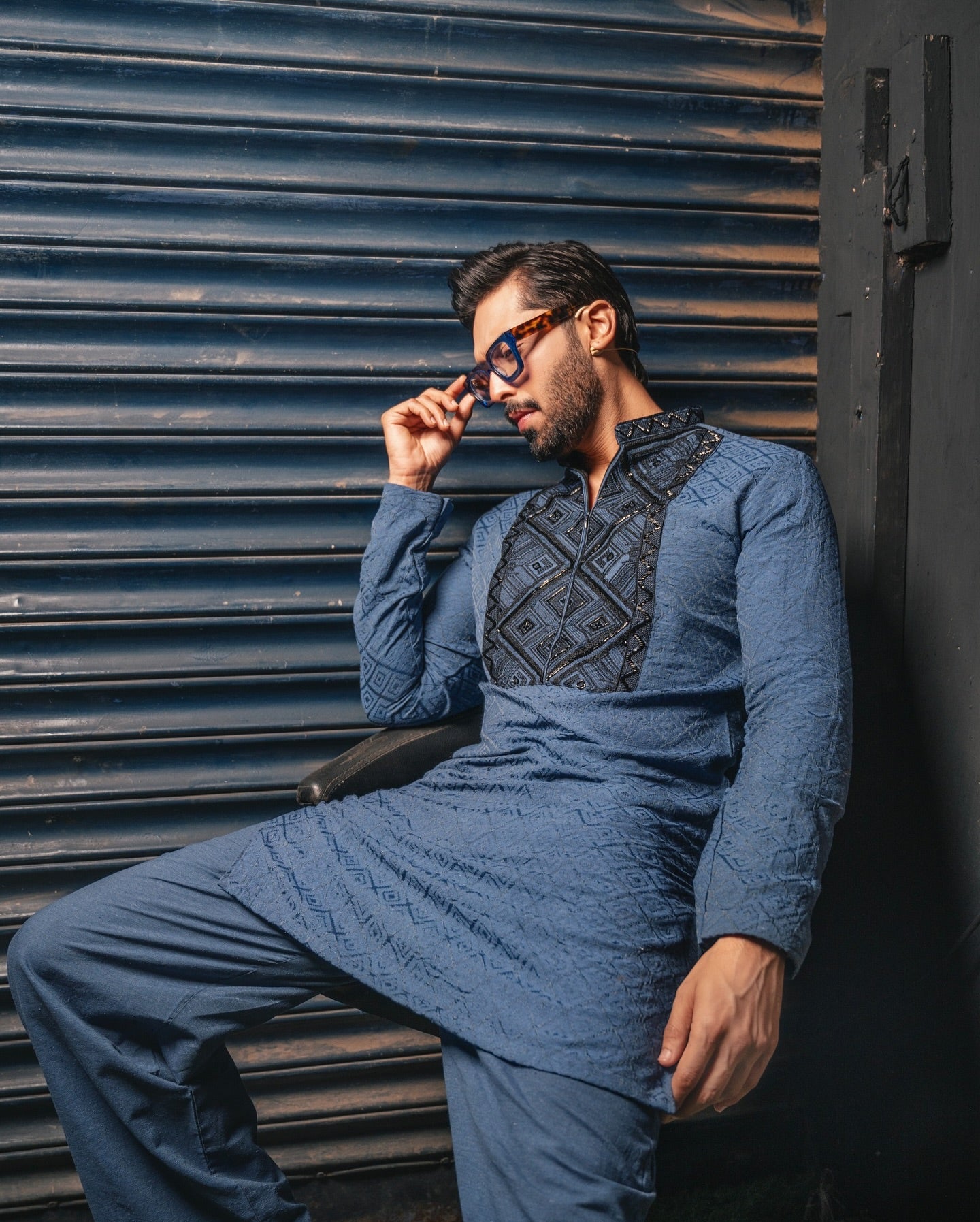 Hand Embroidered Blue Karandi.