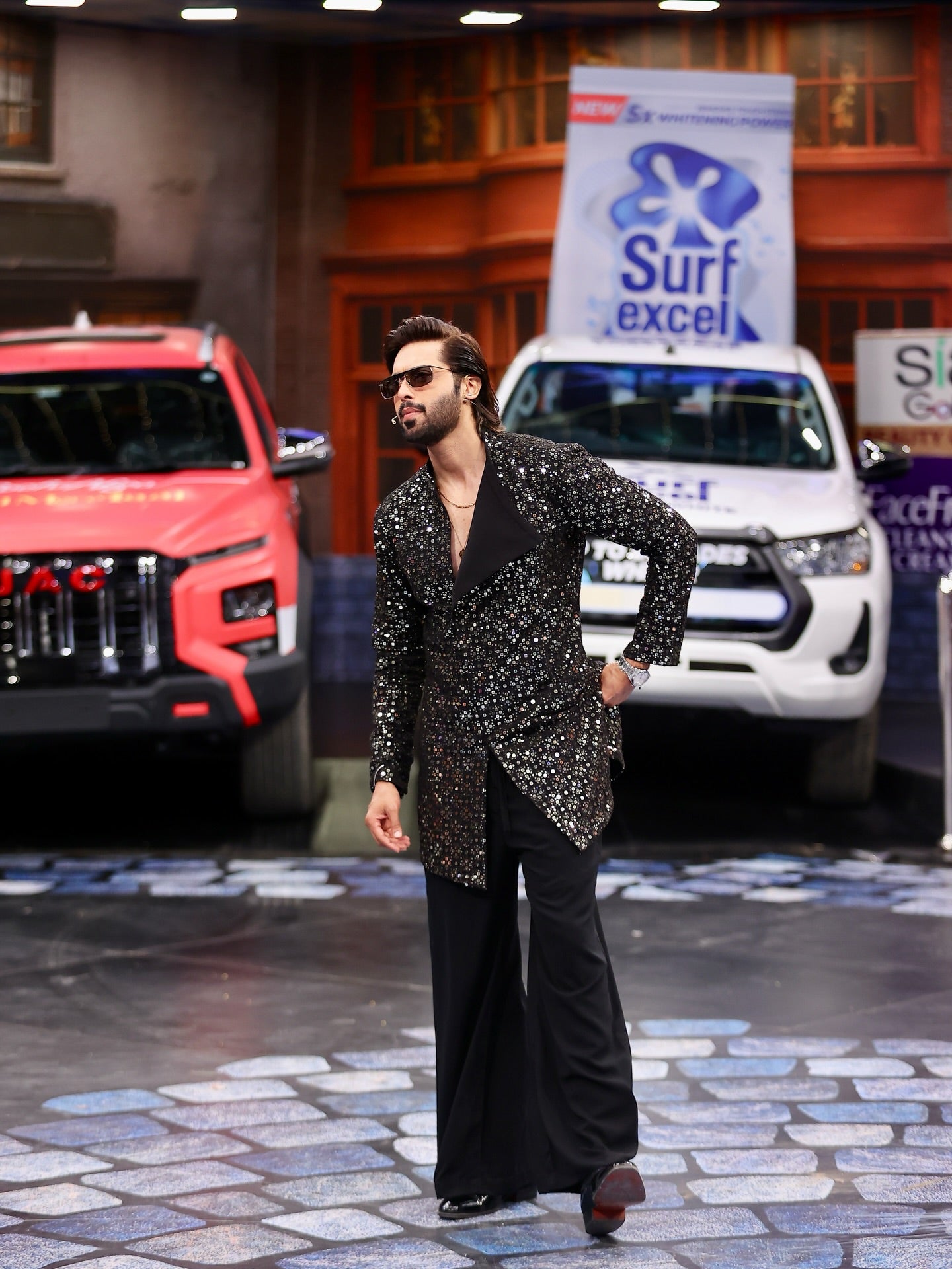Sequins embroidered front open kurta trouser for men with dropped lapel, Fahad Mustafa x Snug design