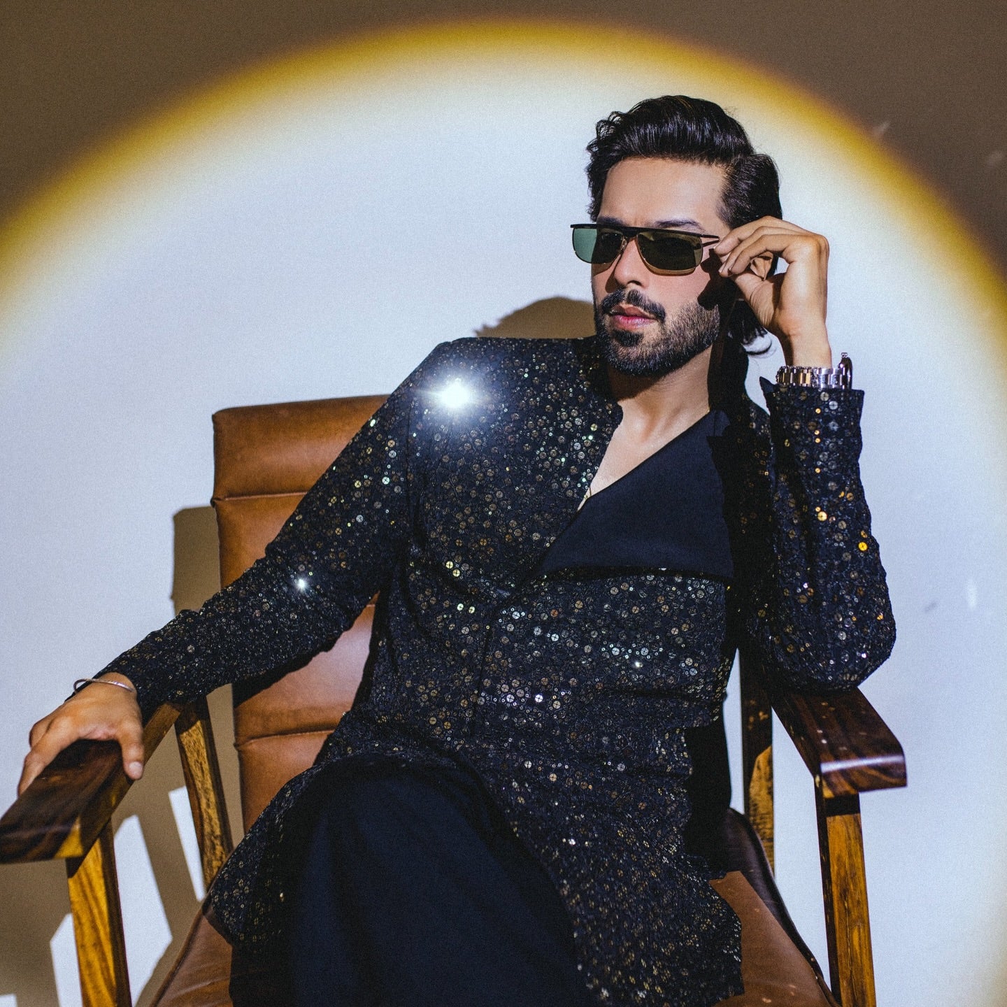 Sequins embroidered front open kurta trouser for men with dropped lapel, Fahad Mustafa x Snug design