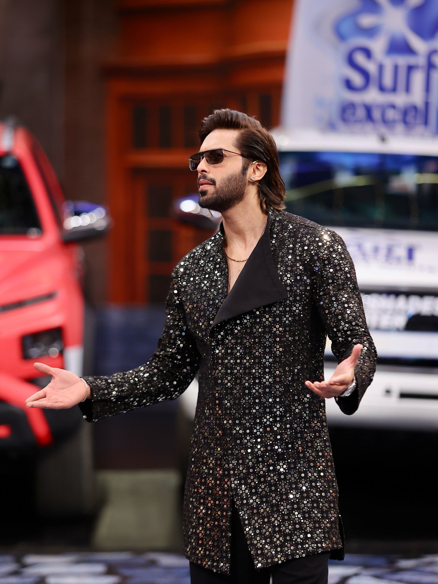 Sequins embroidered front open kurta trouser for men with dropped lapel, Fahad Mustafa x Snug design