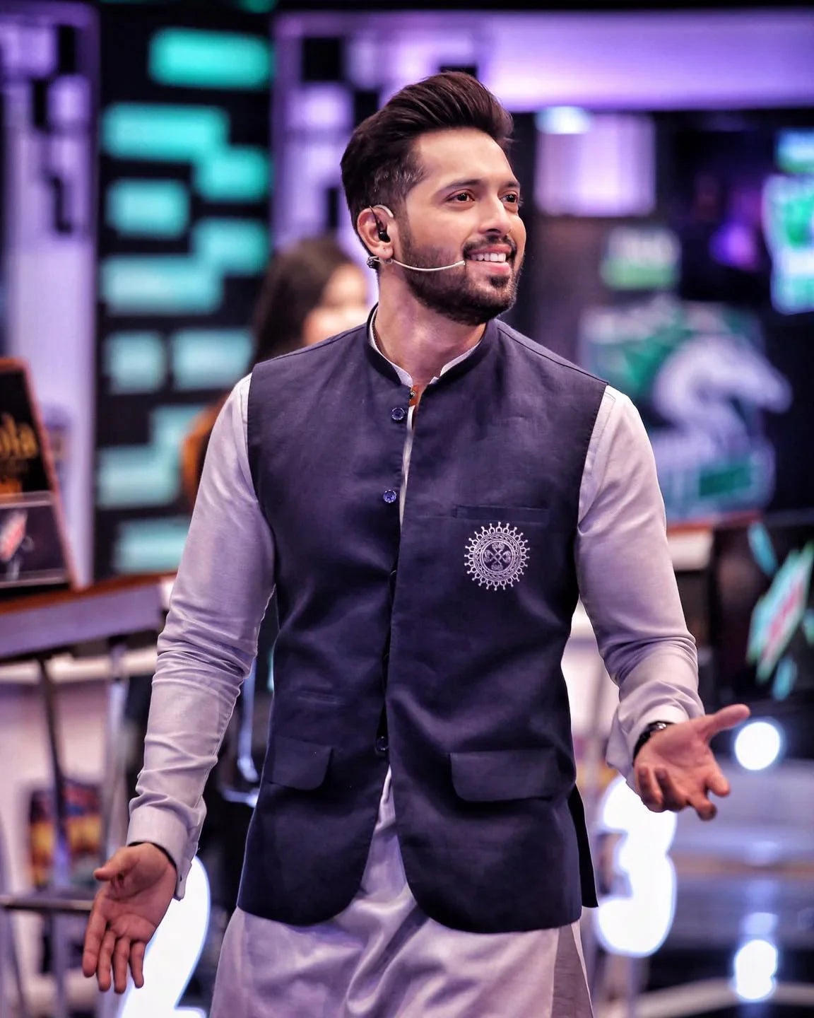 Grey Sufi Kurta Trouser With Navy Blue Chest Motif Waistcoat - Snug