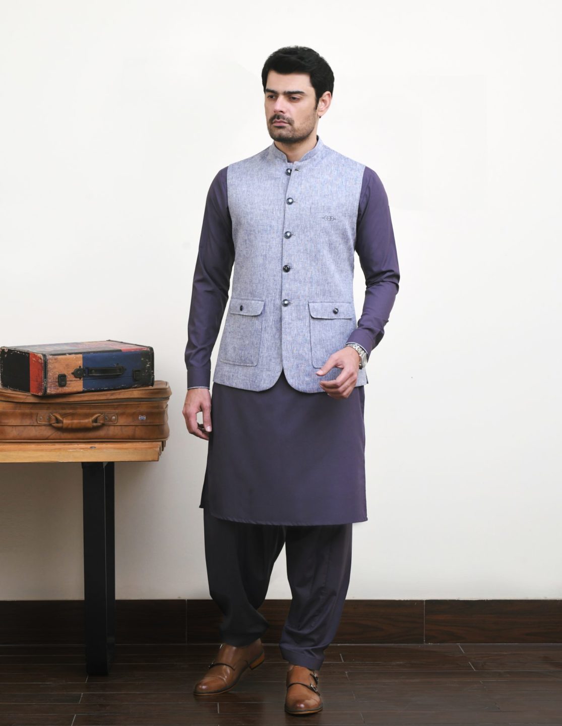 Purple Wash & Wear with Linen Waistcoat