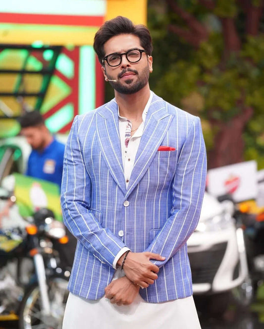 Blue Stripe Blazer with Kurta Shalwar