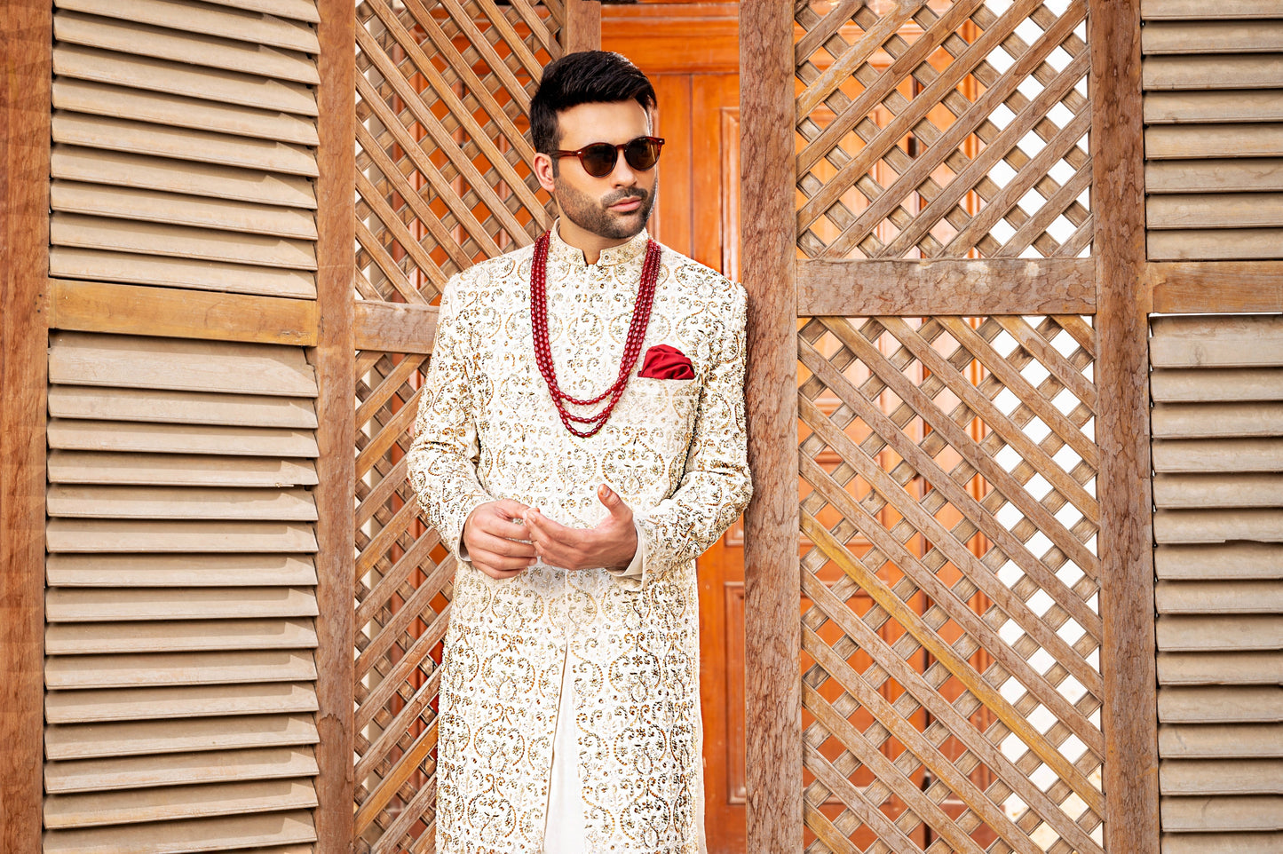 White Hand Embroidered Groom's Sherwani