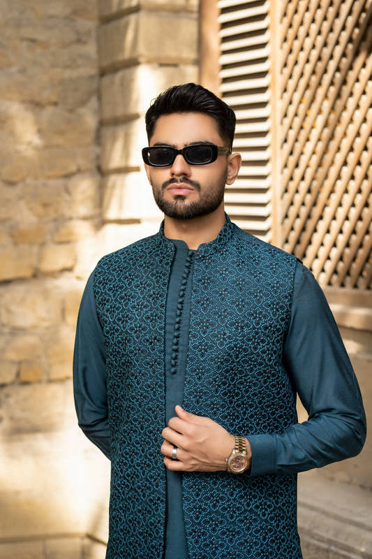 Oceanic Ensemble: Front-Open Waistcoat & Loop Kurta Set by Snug. - Snug
