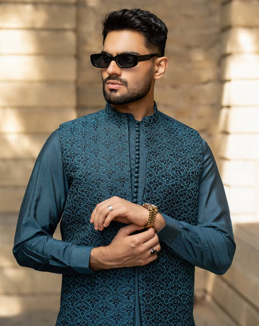 Oceanic Ensemble: Front-Open Waistcoat & Loop Kurta Set by Snug. - Snug