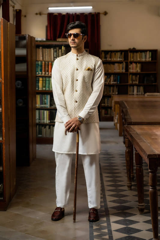 Golden Gleam: White Embroidered Waistcoat by Snug - Snug