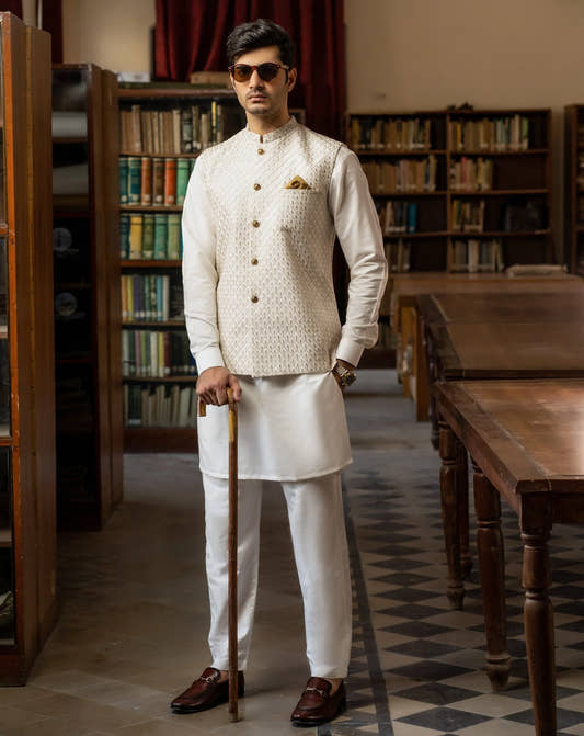Golden Gleam: White Embroidered Waistcoat by Snug - Snug