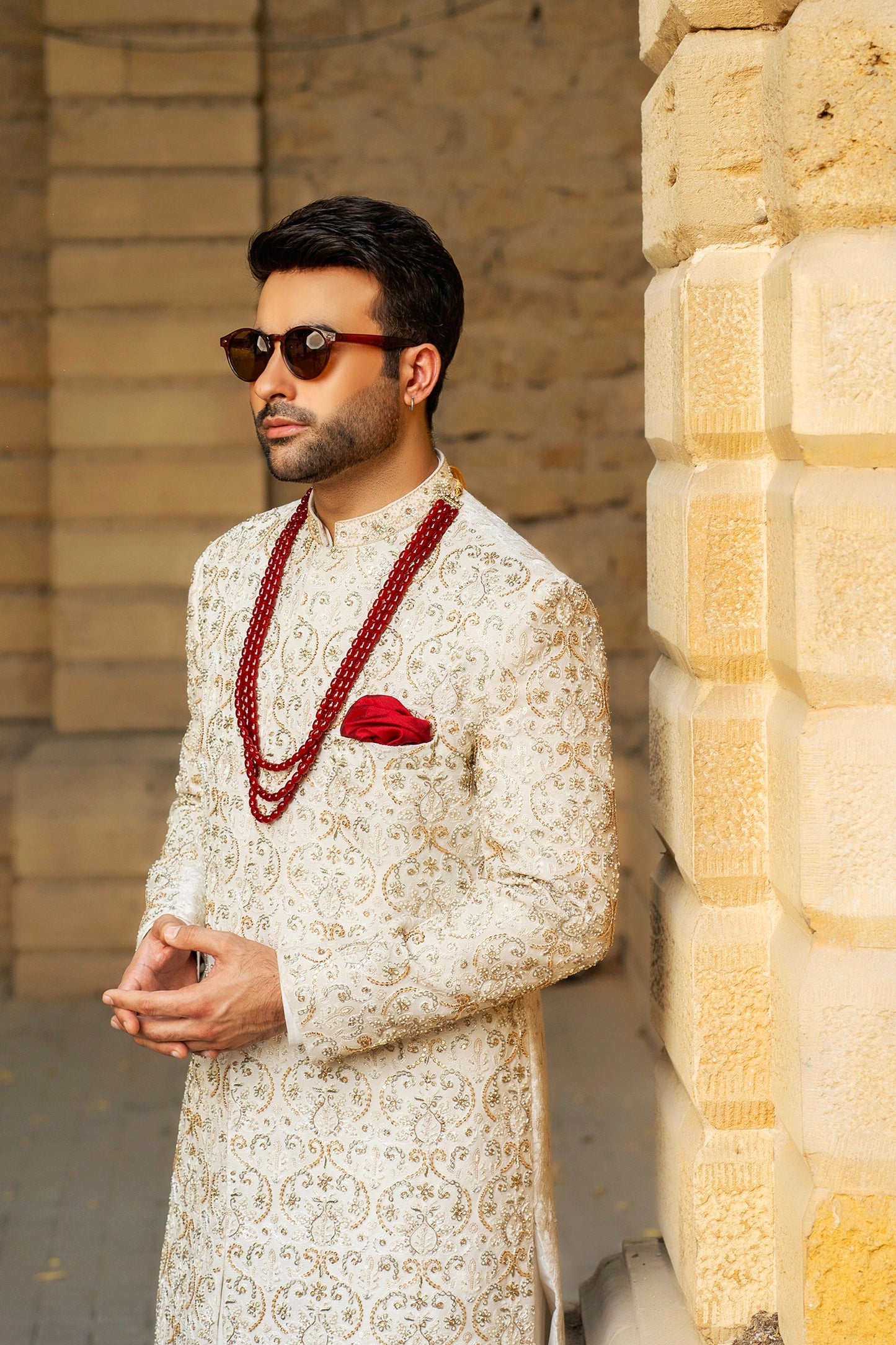 White Hand Embroidered Groom's Sherwani