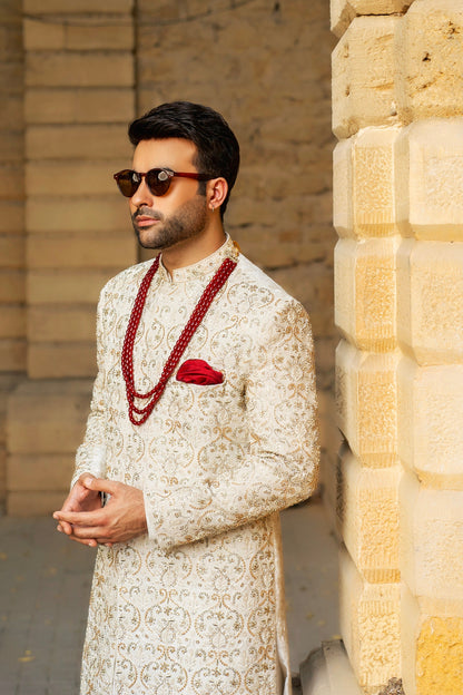 White Hand Embroidered Groom's Sherwani