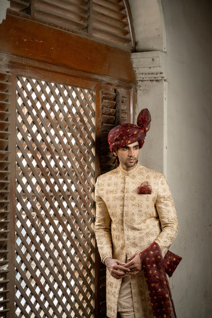 Royal Opulence - Hand Embroidered Sherwani for Majestic Celebration with Snug