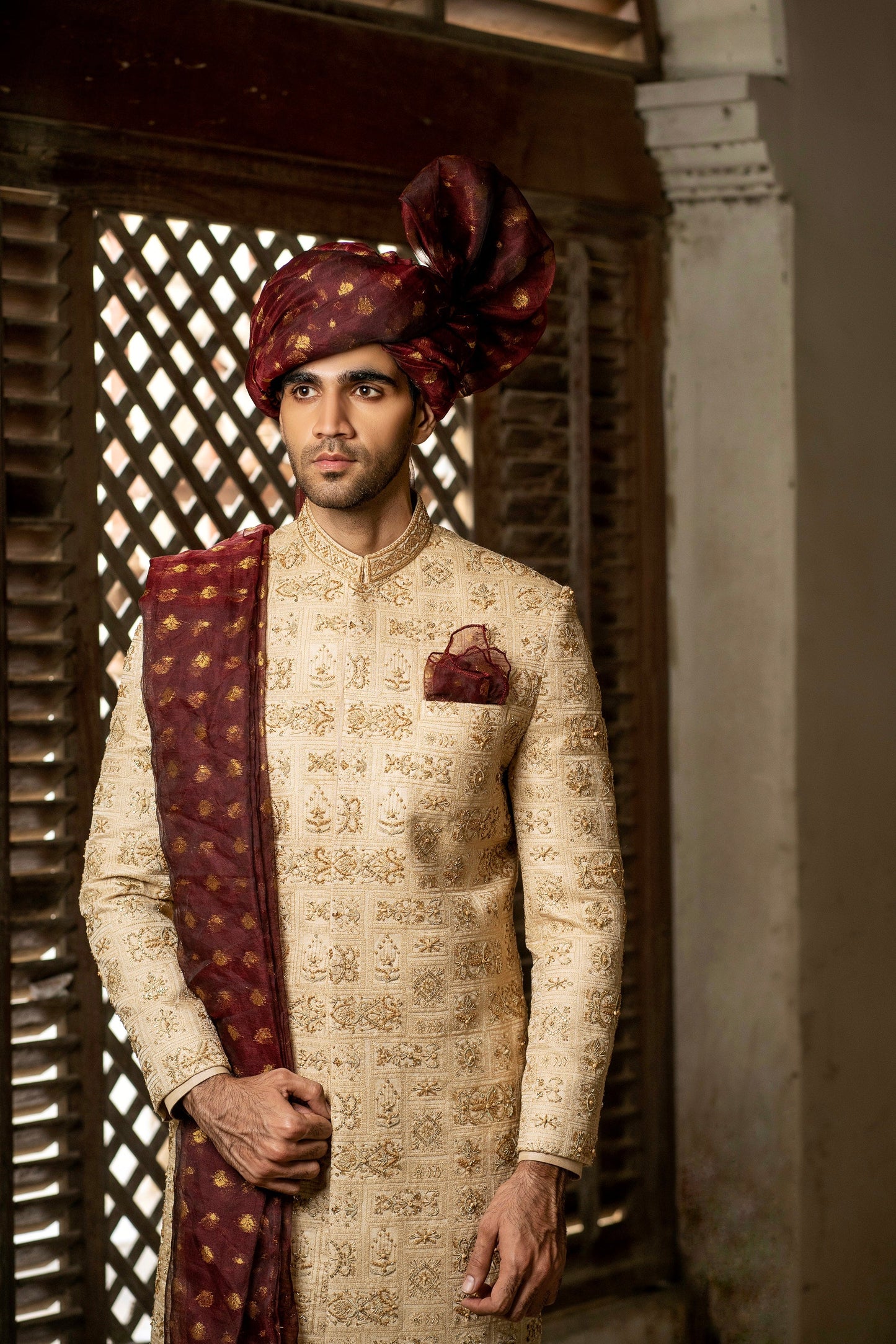 Royal Opulence - Hand Embroidered Sherwani for Majestic Celebration with Snug