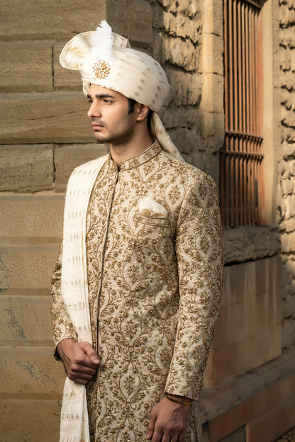 Imperial Splendor: Snug's Golden Hand Embroidered Sherwani Masterpiece