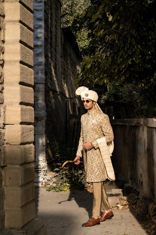 Imperial Splendor: Snug's Golden Hand Embroidered Sherwani Masterpiece - Snug