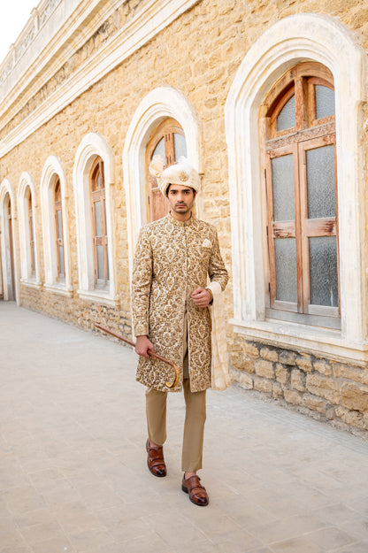 Imperial Splendor: Snug's Golden Hand Embroidered Sherwani Masterpiece