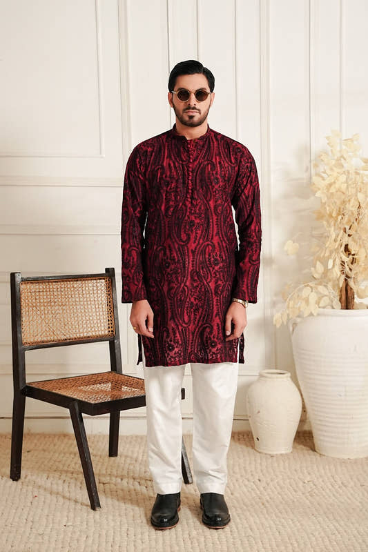 Red - Paisley Embroidered Kurta Trouser '26