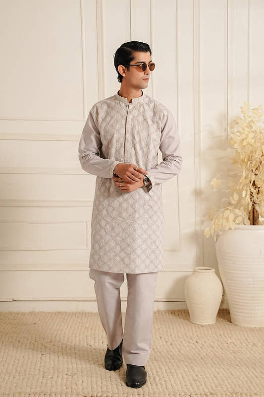 Light Grey Embroidered Kurta Trouser.