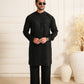 Snug black hand embroidered kurta trouser for men in Italian georgette front view