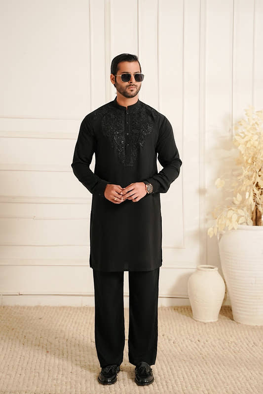 Snug black hand embroidered kurta trouser for men in Italian georgette front view