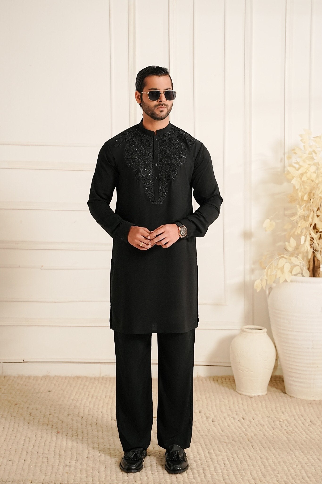 Snug black hand embroidered kurta trouser for men in Italian georgette front view