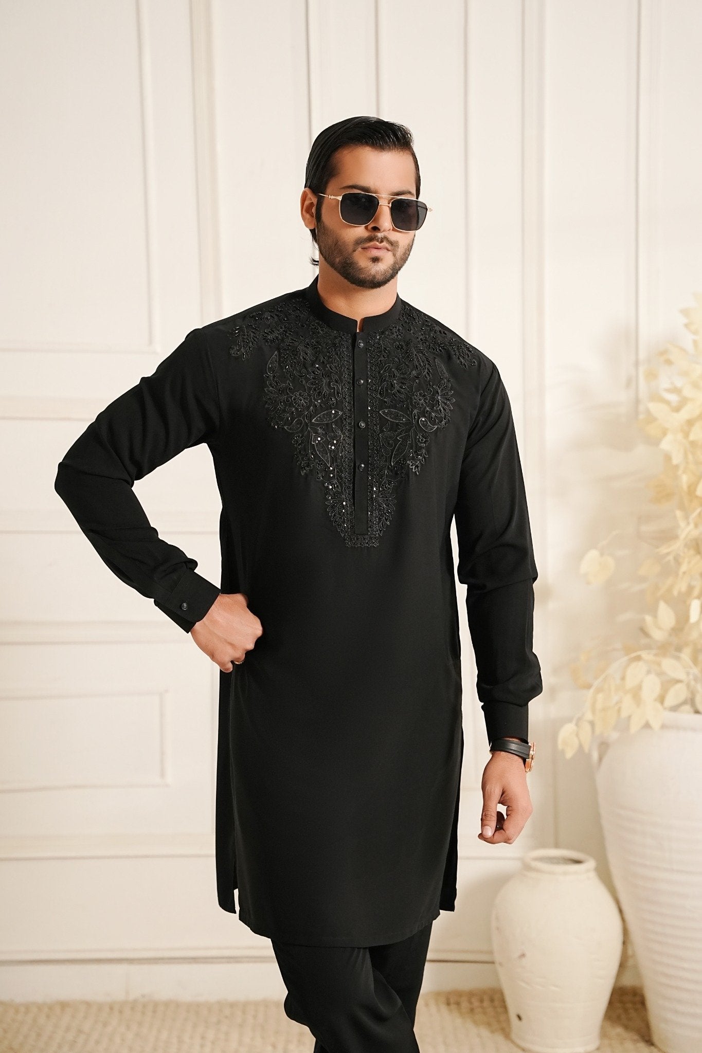 Snug mens black embroidered kurta trouser festive wedding outfit