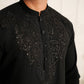 Close up hand embroidery detail on black kurta by Snug Italian georgette