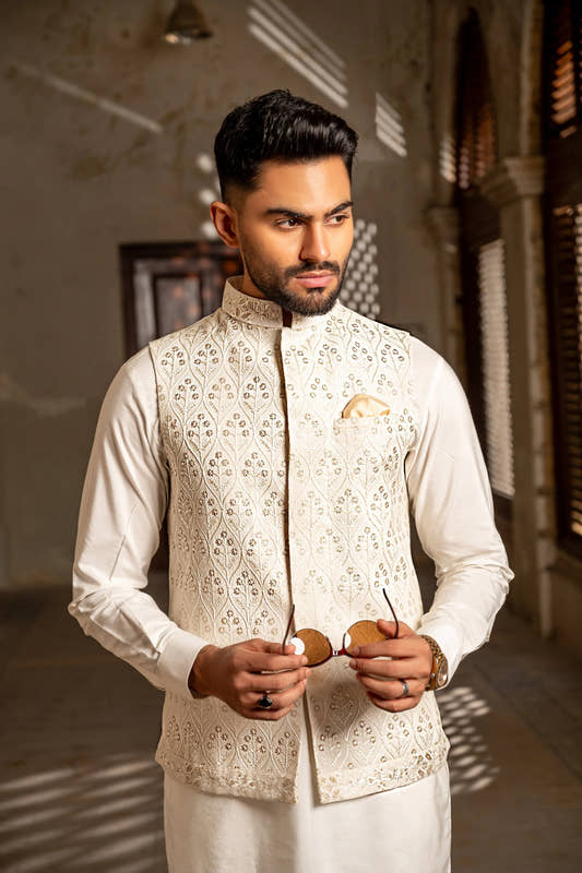Chandi Warq - White Embroidered Waistcoat by Snug. - Snug