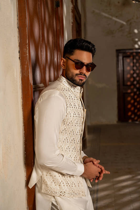 Chandi Warq - White Embroidered Waistcoat by Snug. - Snug