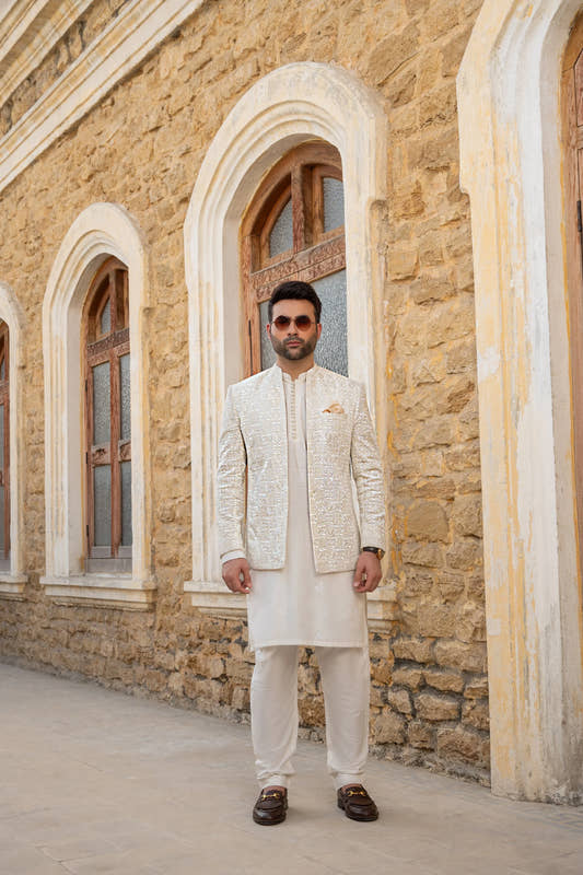 Majestic Alabaster: Snug's Embroidered Front Open Prince Coat - Snug