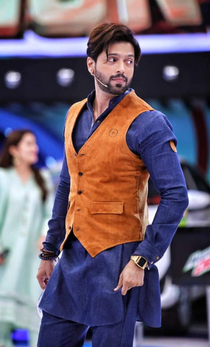 Denim Retro Kurta Trouser with Leather Waistcoat.