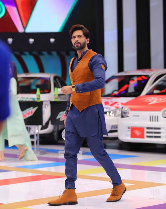 Denim Retro Kurta Trouser with Leather Waistcoat. - Snug