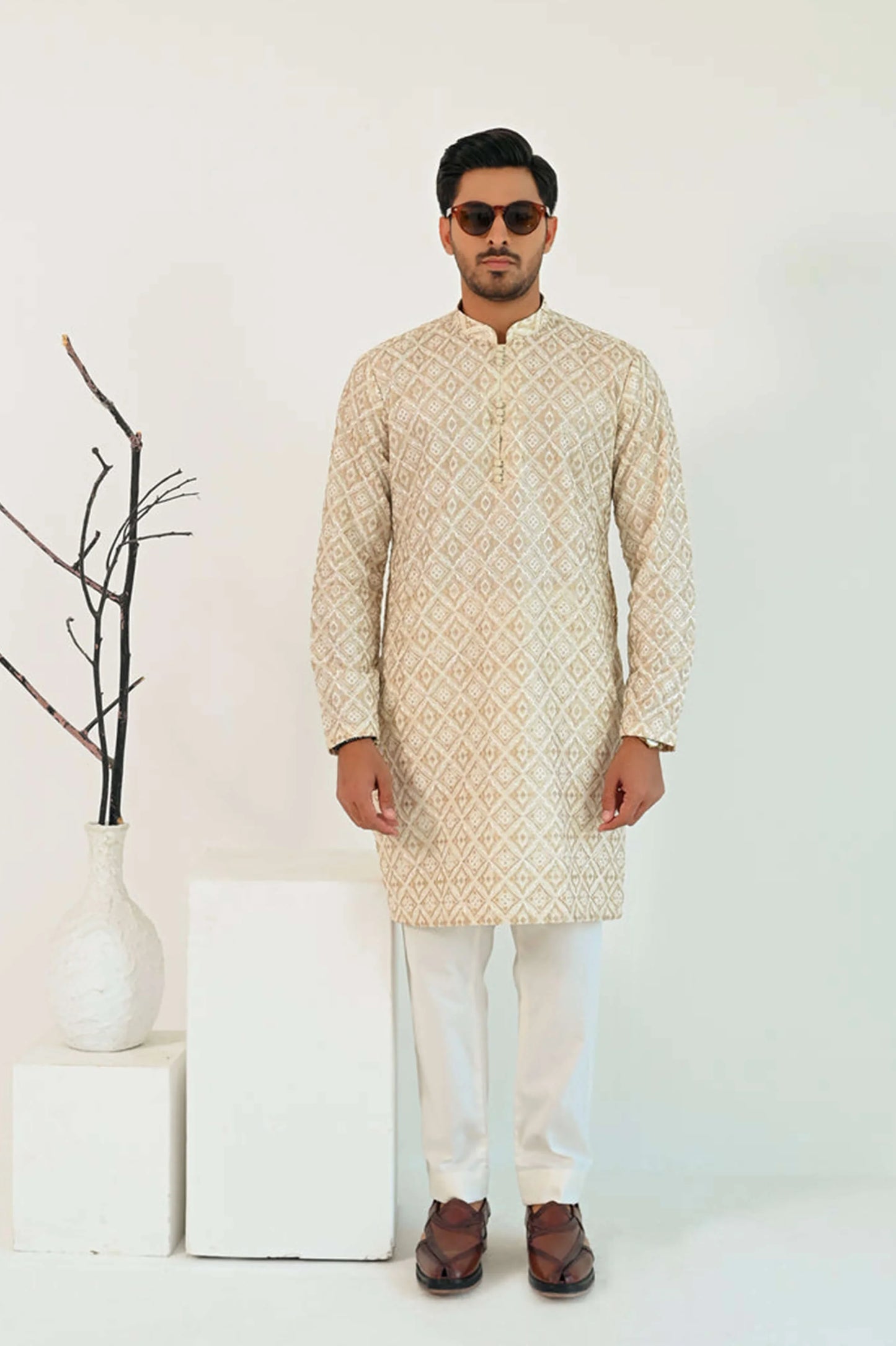 Golden Embroidered Karandi Kurta Trouser