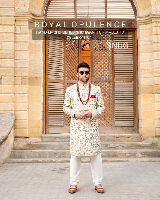 White Hand Embroidered Groom's Sherwani - Snug