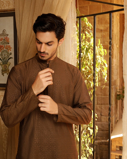 Brown Self Embroidered Kurta Trouser.