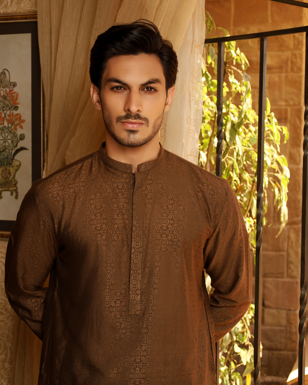 Brown Self Embroidered Kurta Trouser.