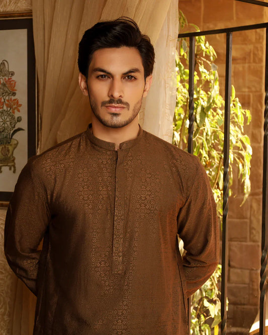 Brown Self Embroidered Kurta Trouser. - Snug