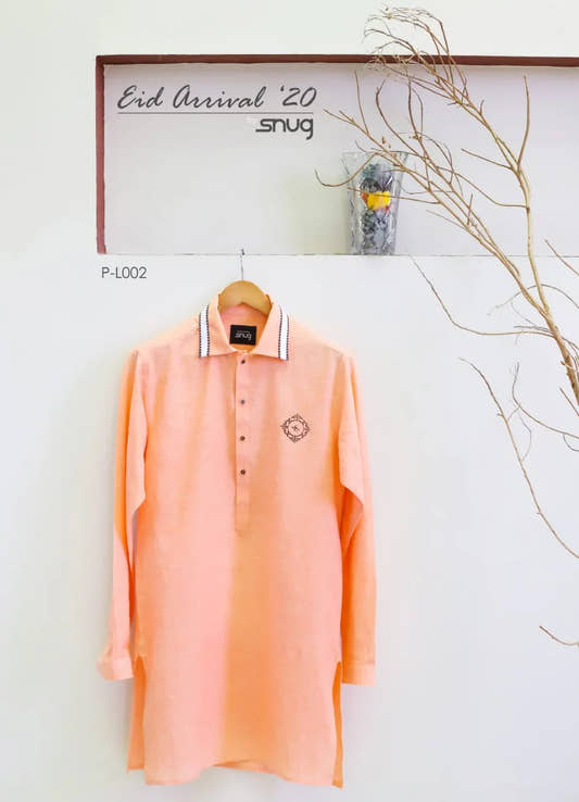 Peach Linen Chest Logo Kurta and Trouser By Snug - Snug