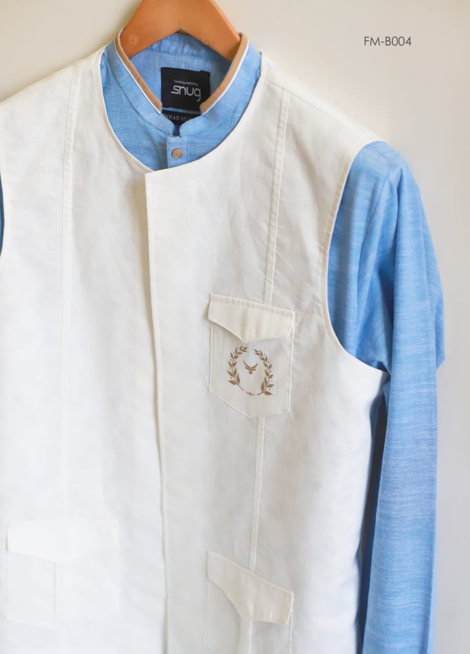 Sky Blue Linen Kurta Trouser With Logo Waistcoat